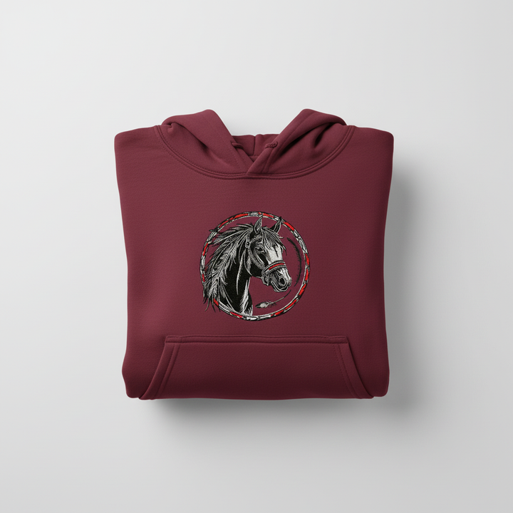 Free Spirit Horse Circle Machine Embroidered Hoodie – Hand Finished in Dubai | EmbroMania