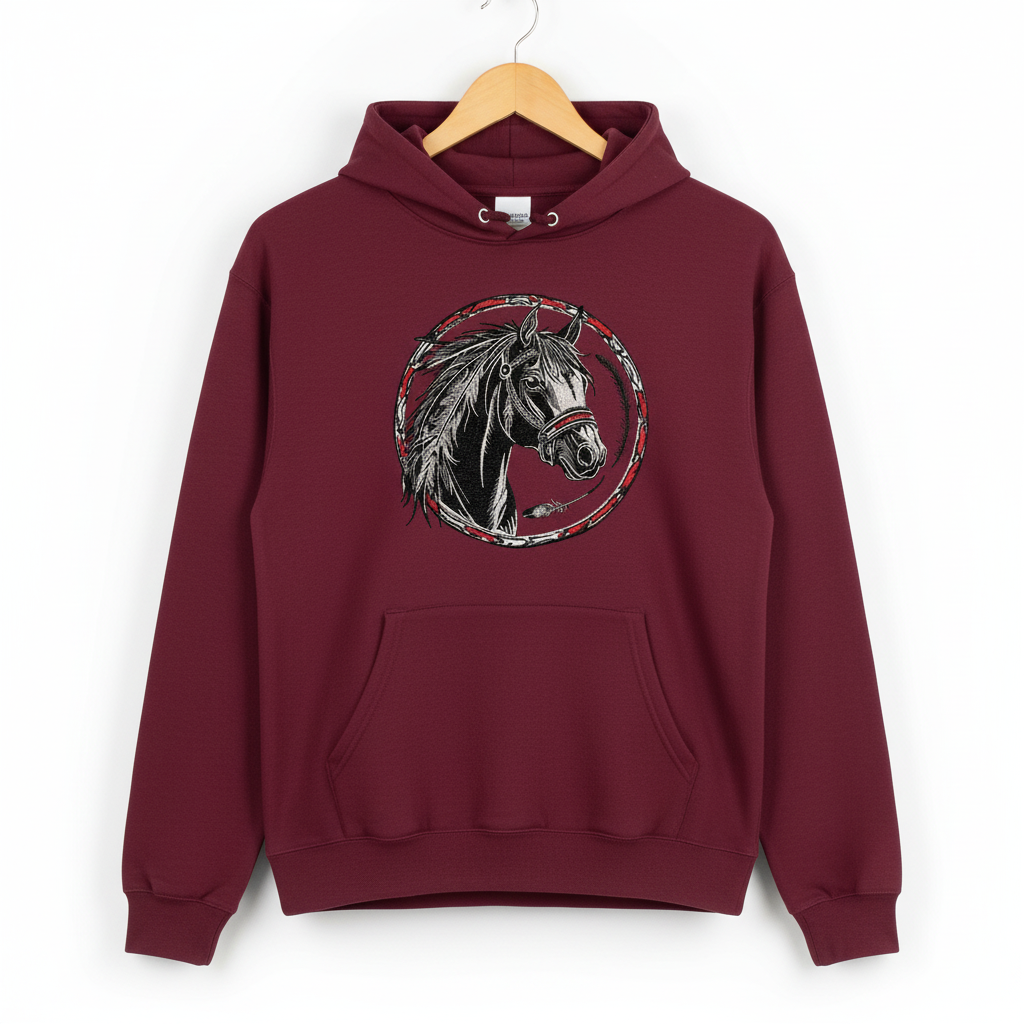 Free Spirit Horse Circle Machine Embroidered Hoodie – Hand Finished in Dubai | EmbroMania