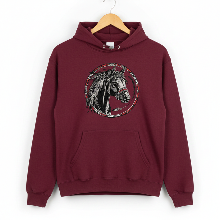 Free Spirit Horse Circle Machine Embroidered Hoodie – Hand Finished in Dubai | EmbroMania
