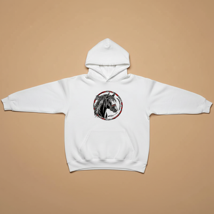 Free Spirit Horse Circle Machine Embroidered Hoodie – Hand Finished in Dubai | EmbroMania