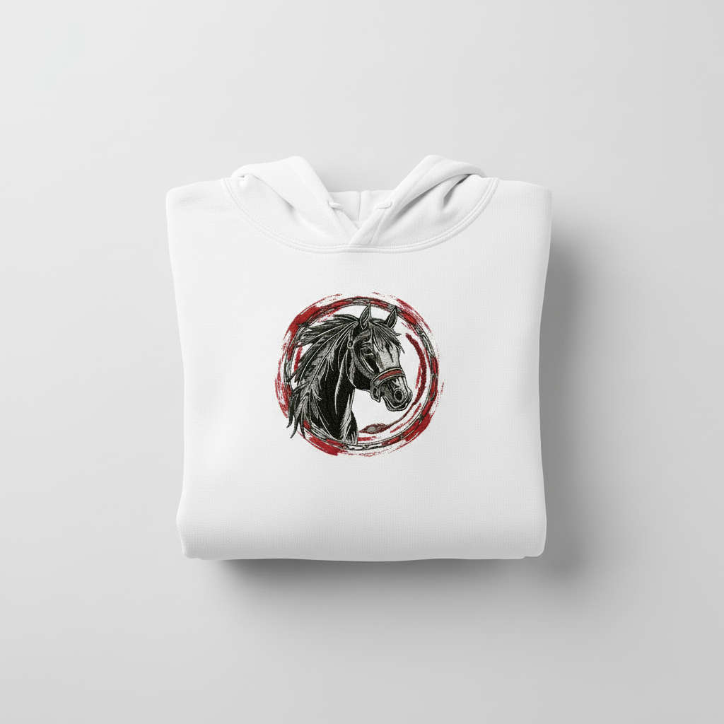Free Spirit Horse Circle Machine Embroidered Hoodie – Hand Finished in Dubai | EmbroMania