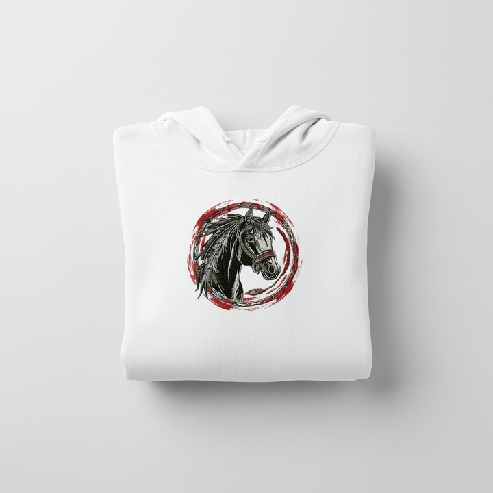 Free Spirit Horse Circle Machine Embroidered Hoodie – Hand Finished in Dubai | EmbroMania