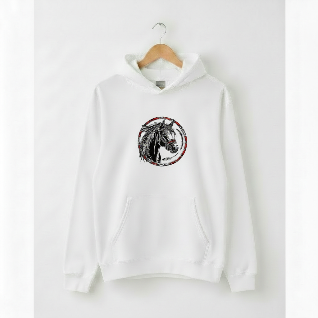 Free Spirit Horse Circle Machine Embroidered Hoodie – Hand Finished in Dubai | EmbroMania