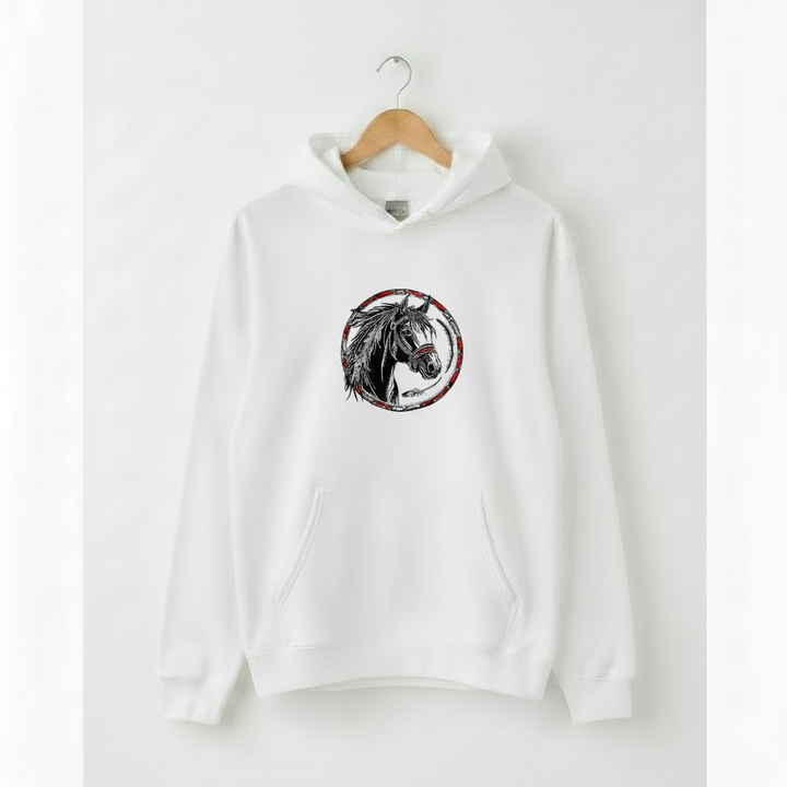Free Spirit Horse Circle Machine Embroidered Hoodie – Hand Finished in Dubai | EmbroMania