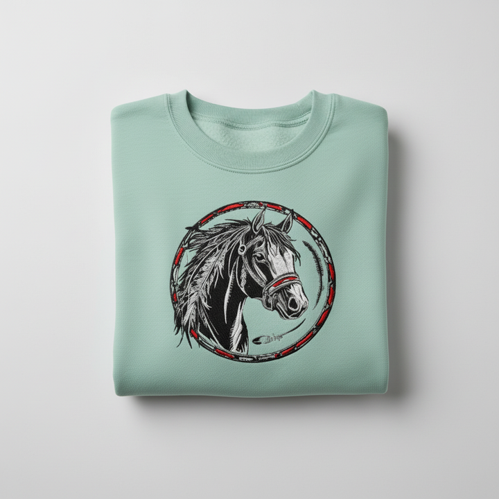Free Spirit Horse Machine Embroidered Sweatshirt – Hand Finished in Dubai | EmbroMania