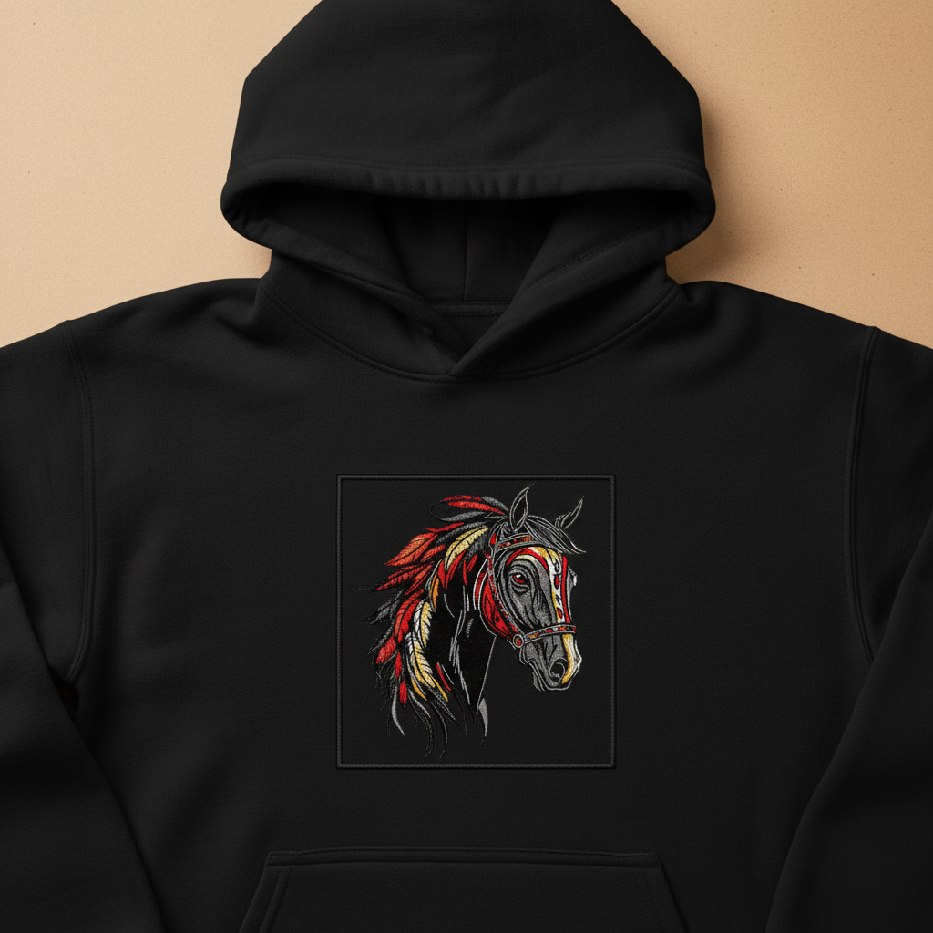Free Spirit Horse Fire Mane Machine Embroidered Hoodie – Hand Finished in Dubai | EmbroMania