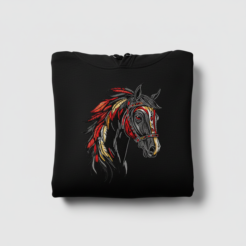Free Spirit Horse Fire Mane Machine Embroidered Hoodie – Hand Finished in Dubai | EmbroMania