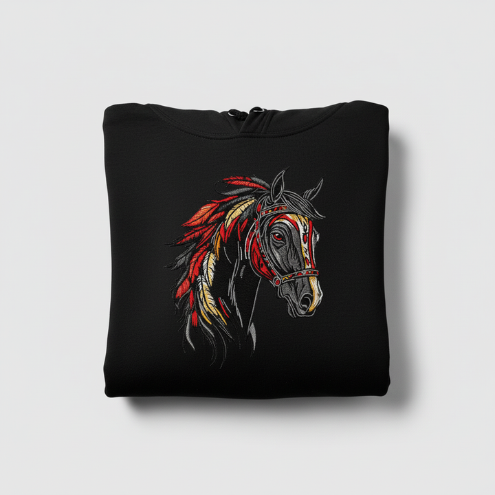Free Spirit Horse Fire Mane Machine Embroidered Hoodie – Hand Finished in Dubai | EmbroMania