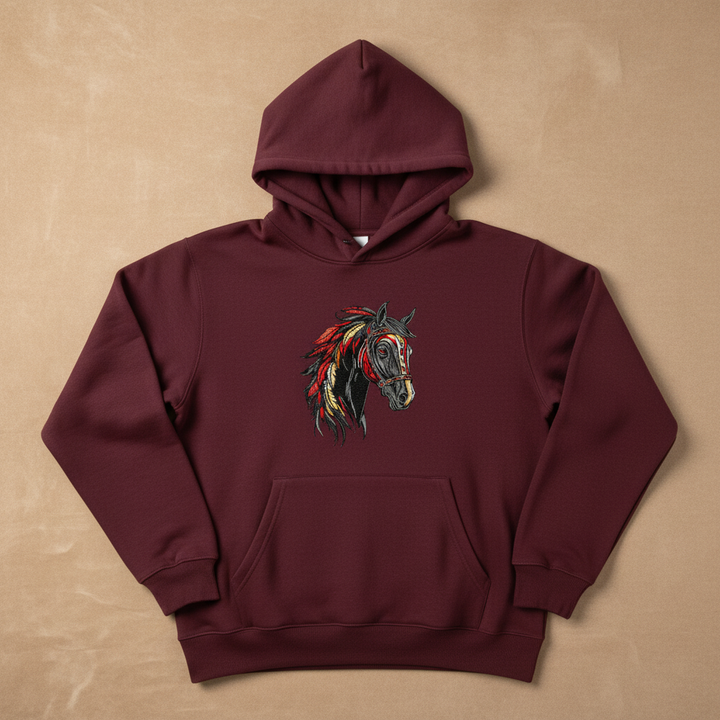 Free Spirit Horse Fire Mane Machine Embroidered Hoodie – Hand Finished in Dubai | EmbroMania