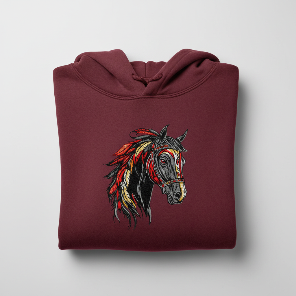Free Spirit Horse Fire Mane Machine Embroidered Hoodie – Hand Finished in Dubai | EmbroMania