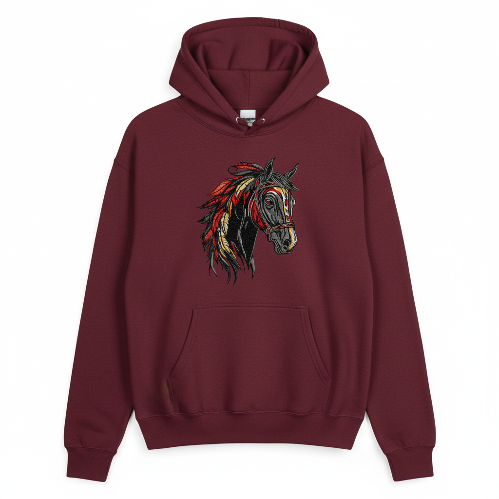 Free Spirit Horse Fire Mane Machine Embroidered Hoodie – Hand Finished in Dubai | EmbroMania