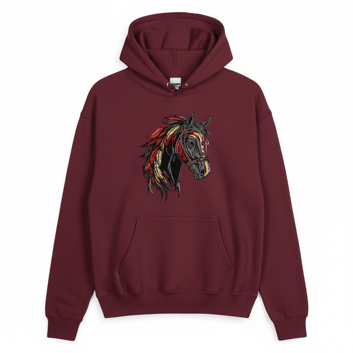 Free Spirit Horse Fire Mane Machine Embroidered Hoodie – Hand Finished in Dubai | EmbroMania