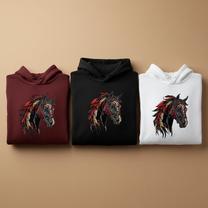 Free Spirit Horse Fire Mane Machine Embroidered Hoodie – Hand Finished in Dubai | EmbroMania