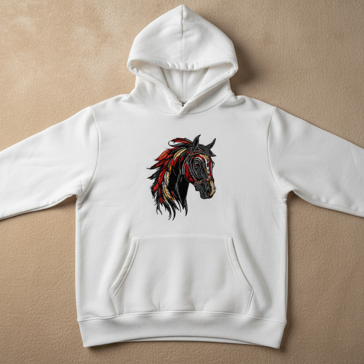Free Spirit Horse Fire Mane Machine Embroidered Hoodie – Hand Finished in Dubai | EmbroMania