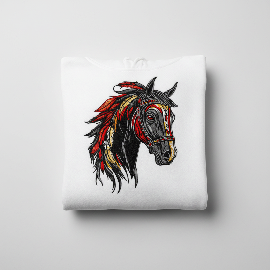 Free Spirit Horse Fire Mane Machine Embroidered Hoodie – Hand Finished in Dubai | EmbroMania