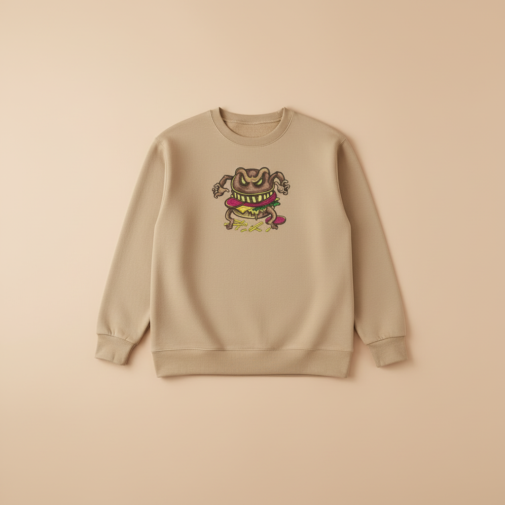 Funky Foodie Cursed Burger Monster — Premium Embroidered Sweatshirt | Original EmbroMania Design