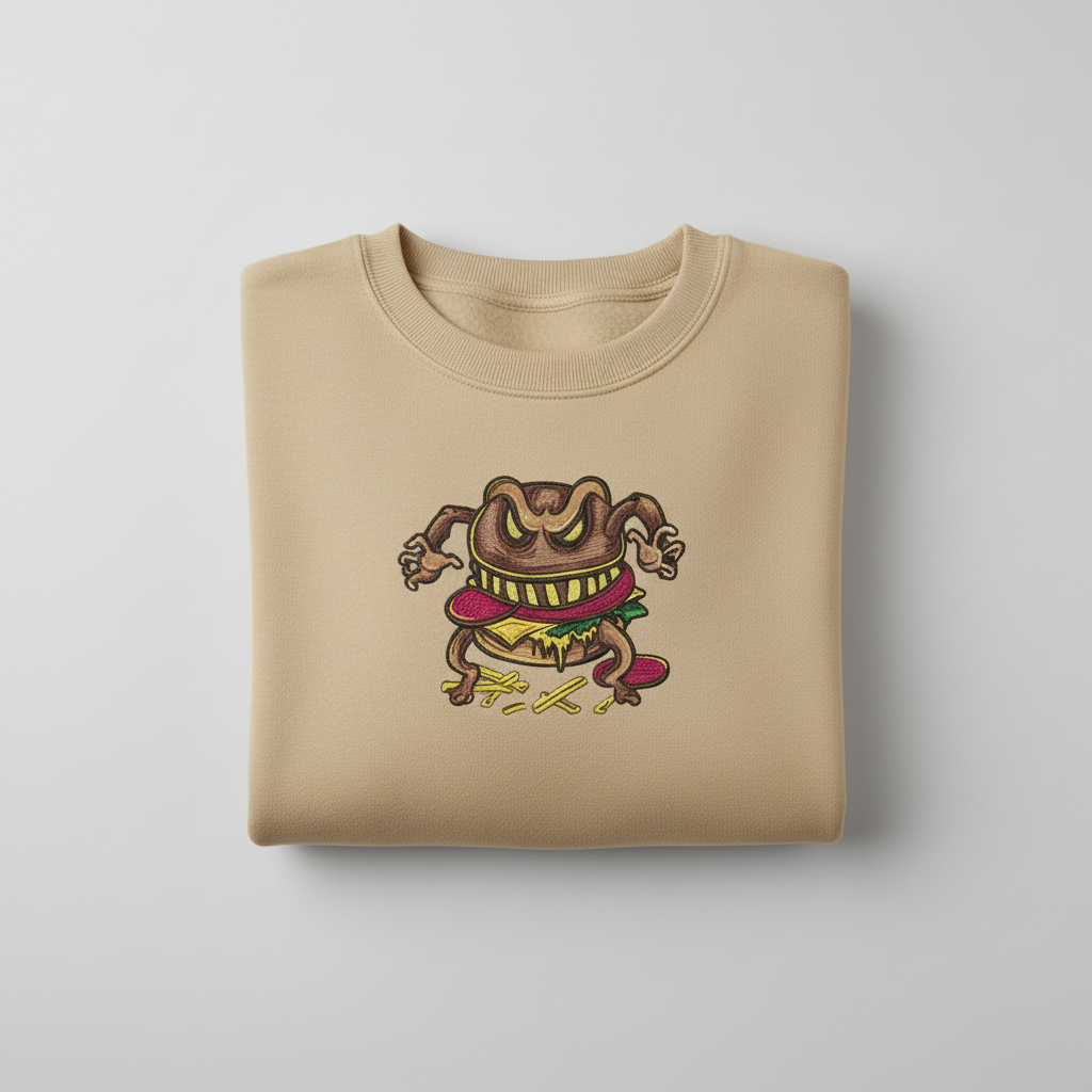 Funky Foodie Cursed Burger Monster — Premium Embroidered Sweatshirt | Original EmbroMania Design