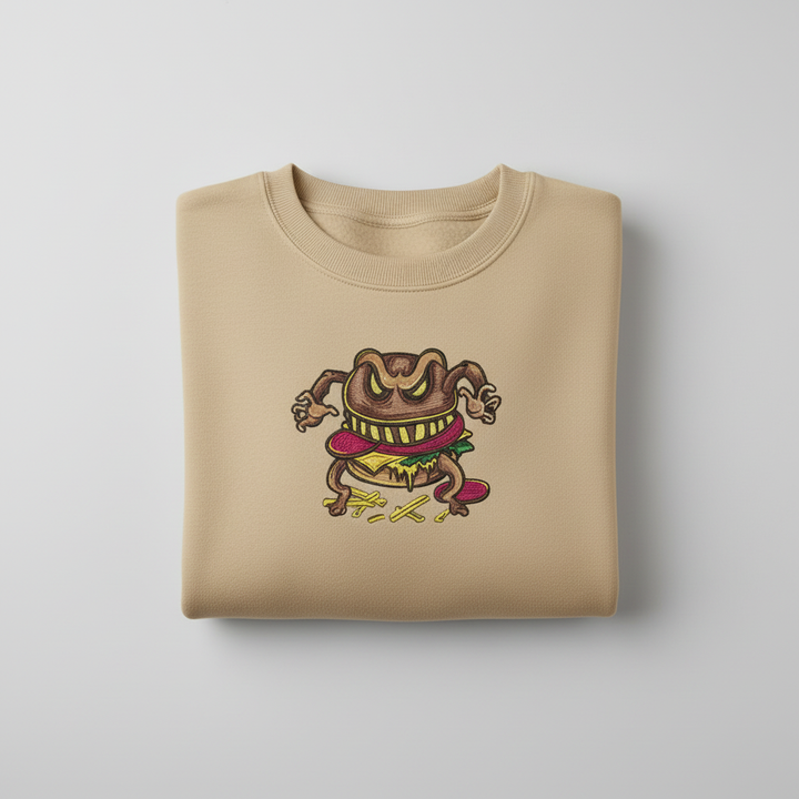 Funky Foodie Cursed Burger Monster — Premium Embroidered Sweatshirt | Original EmbroMania Design