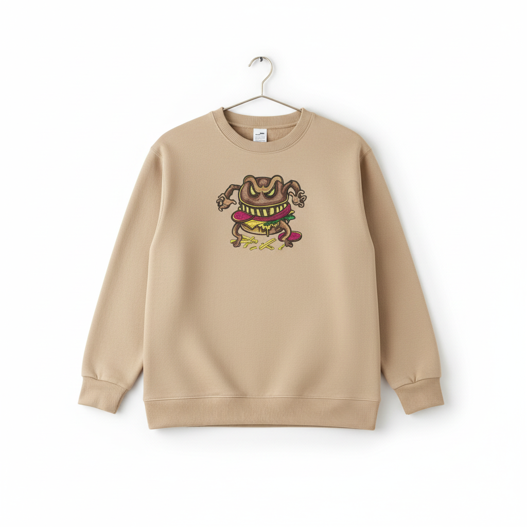 Funky Foodie Cursed Burger Monster — Premium Embroidered Sweatshirt | Original EmbroMania Design