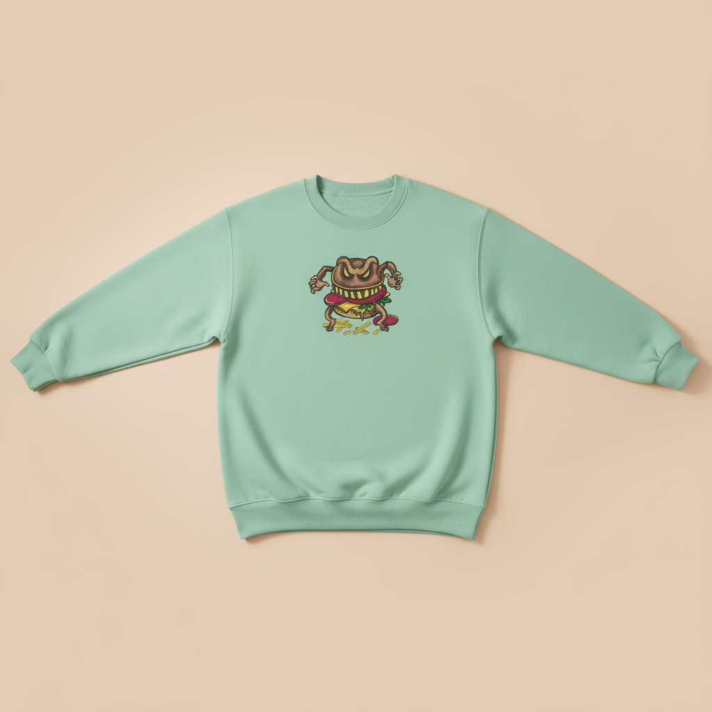 Funky Foodie Cursed Burger Monster — Premium Embroidered Sweatshirt | Original EmbroMania Design