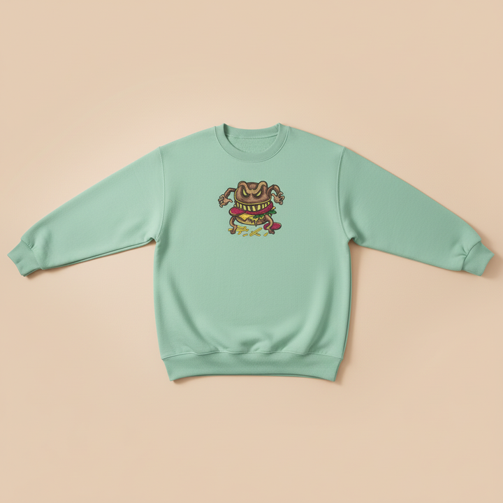 Funky Foodie Cursed Burger Monster — Premium Embroidered Sweatshirt | Original EmbroMania Design