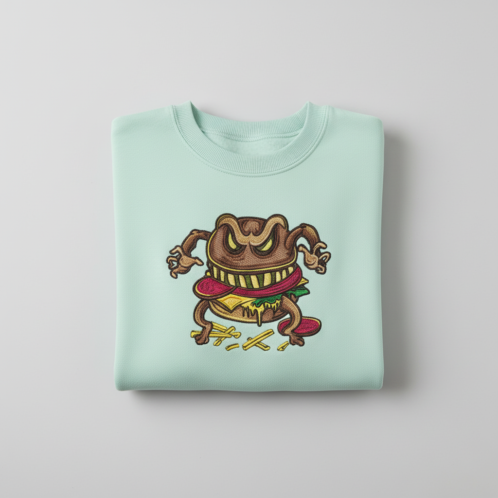 Funky Foodie Cursed Burger Monster — Premium Embroidered Sweatshirt | Original EmbroMania Design