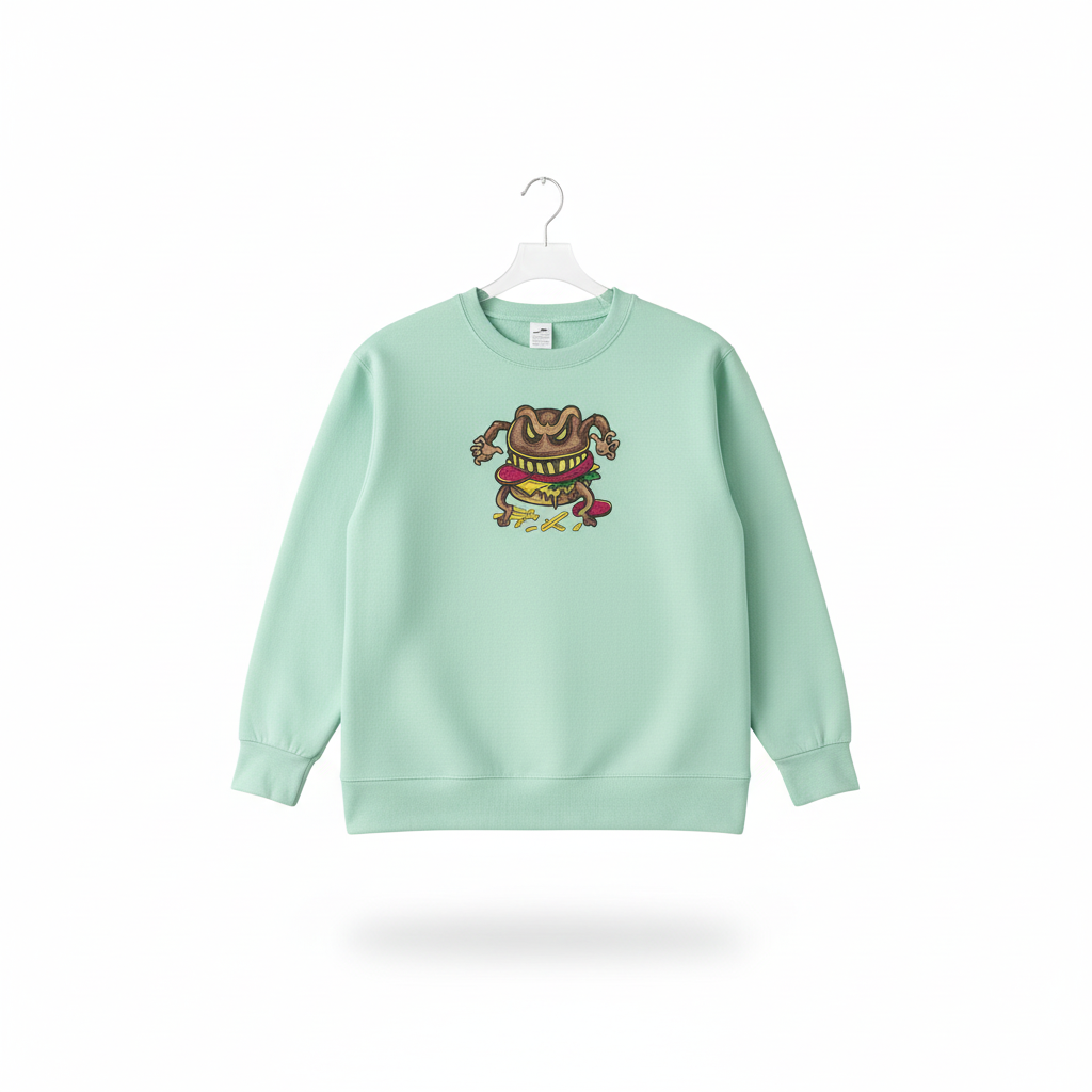 Funky Foodie Cursed Burger Monster — Premium Embroidered Sweatshirt | Original EmbroMania Design