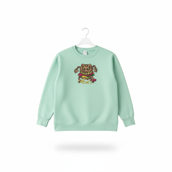 Funky Foodie Cursed Burger Monster — Premium Embroidered Sweatshirt | Original EmbroMania Design