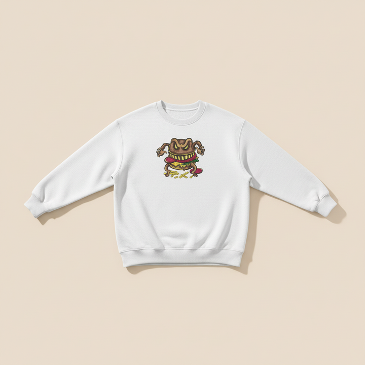 Funky Foodie Cursed Burger Monster — Premium Embroidered Sweatshirt | Original EmbroMania Design