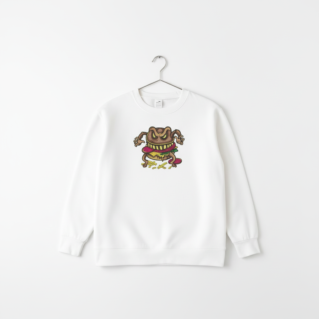 Funky Foodie Cursed Burger Monster — Premium Embroidered Sweatshirt | Original EmbroMania Design