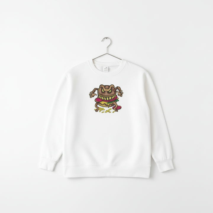 Funky Foodie Cursed Burger Monster — Premium Embroidered Sweatshirt | Original EmbroMania Design