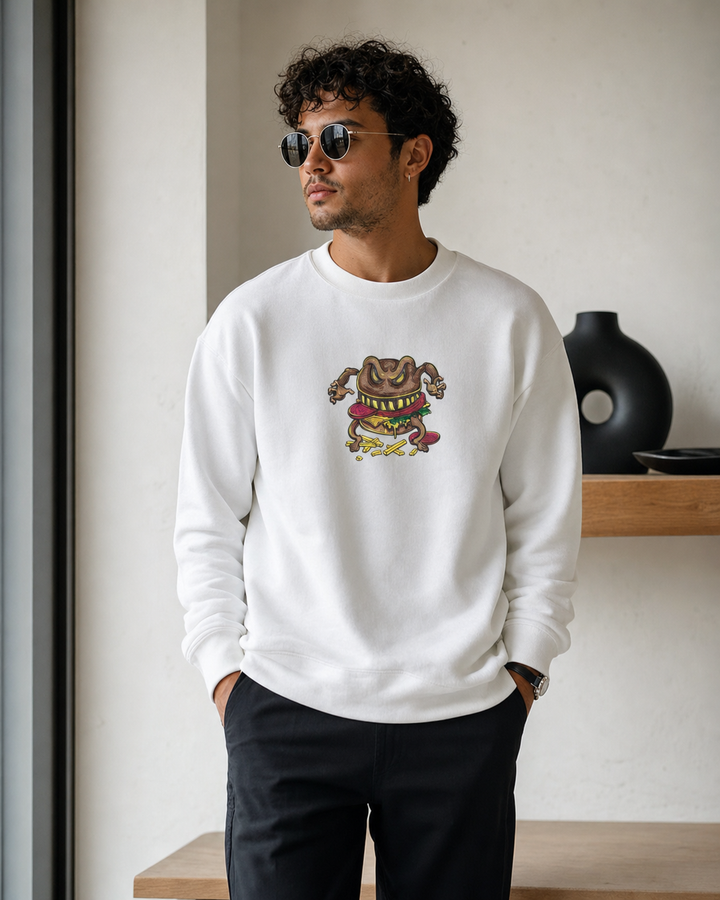 Cursed Burger Machine Embroidered Sweatshirt – Hand Finished in Dubai | EmbroMania