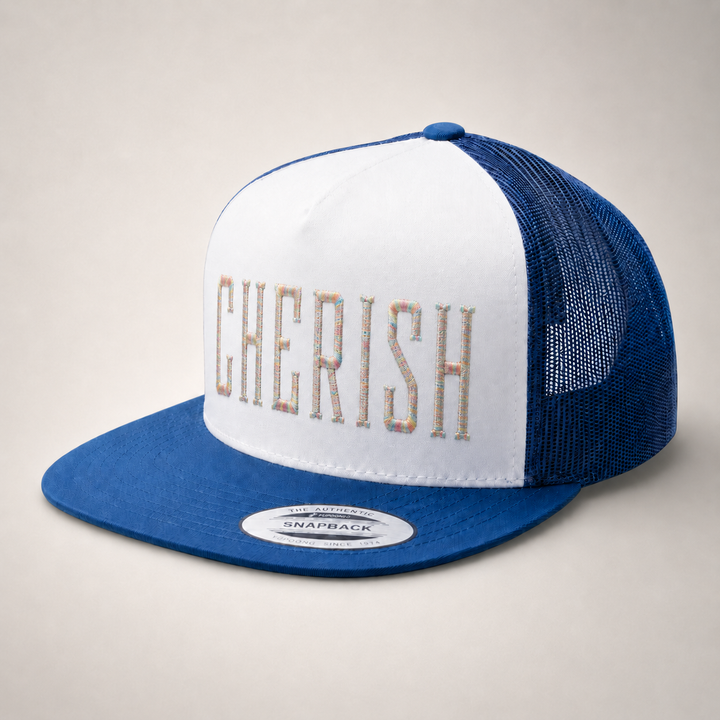 Blue and white trucker cap with &