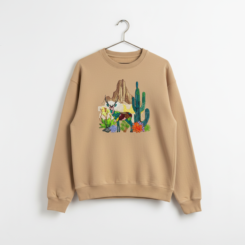 Modern Nature Geometric Desert Deer — Premium Embroidered Sweatshirt | Original EmbroMania Design