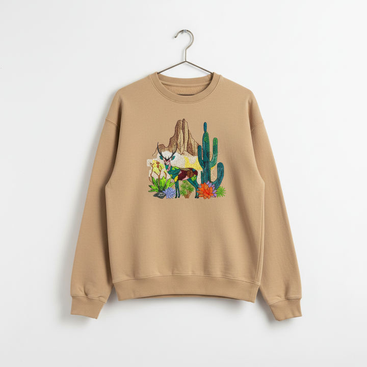 Modern Nature Geometric Desert Deer — Premium Embroidered Sweatshirt | Original EmbroMania Design