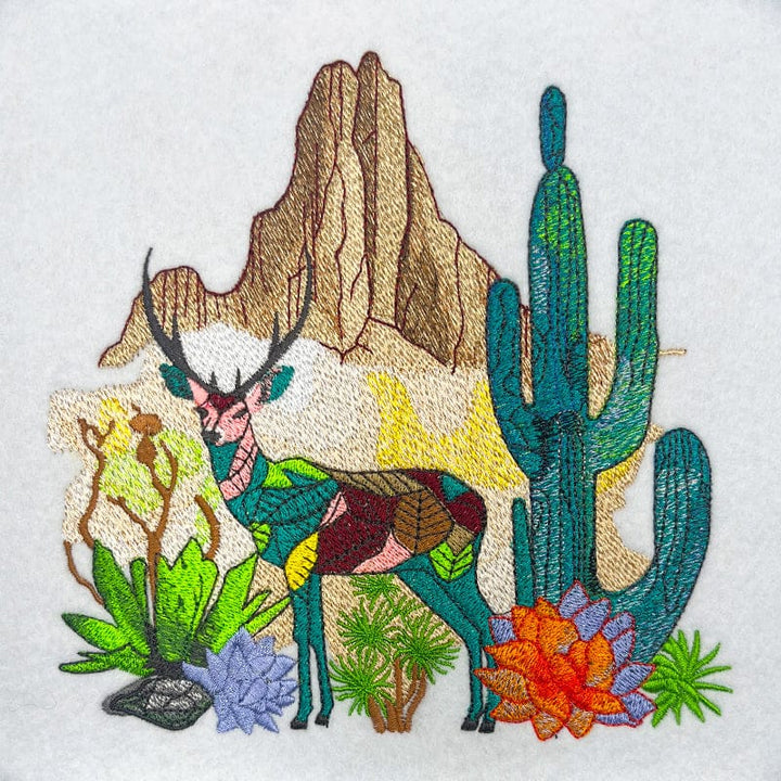 Geometric Desert Deer Embroidery – Modern Nature design featuring a mountain deer and cactus.
