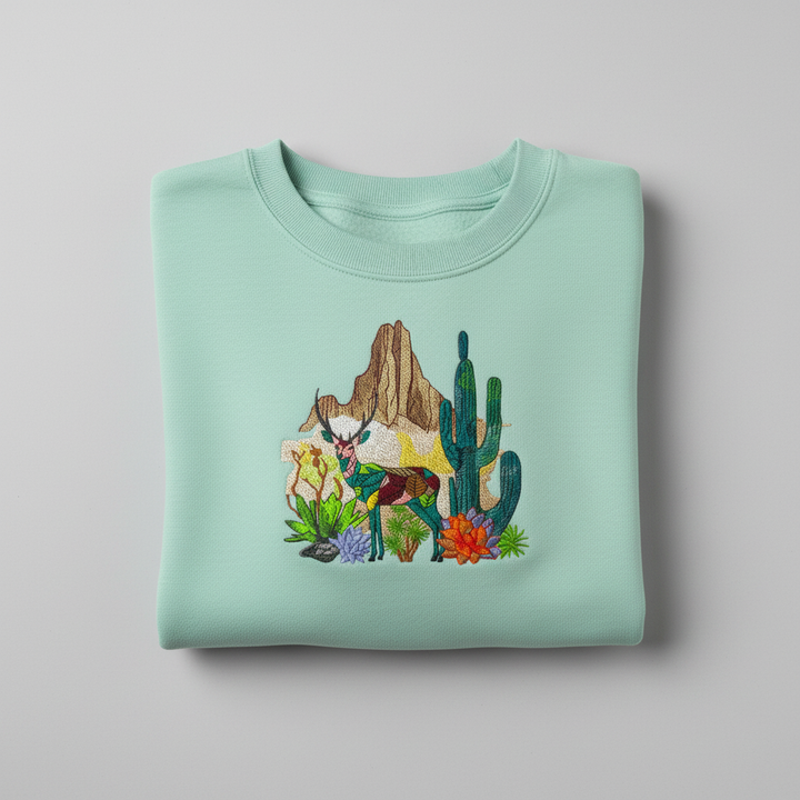 Modern Nature Geometric Desert Deer — Premium Embroidered Sweatshirt | Original EmbroMania Design