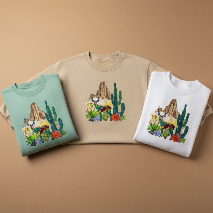 Modern Nature Geometric Desert Deer — Premium Embroidered Sweatshirt | Original EmbroMania Design