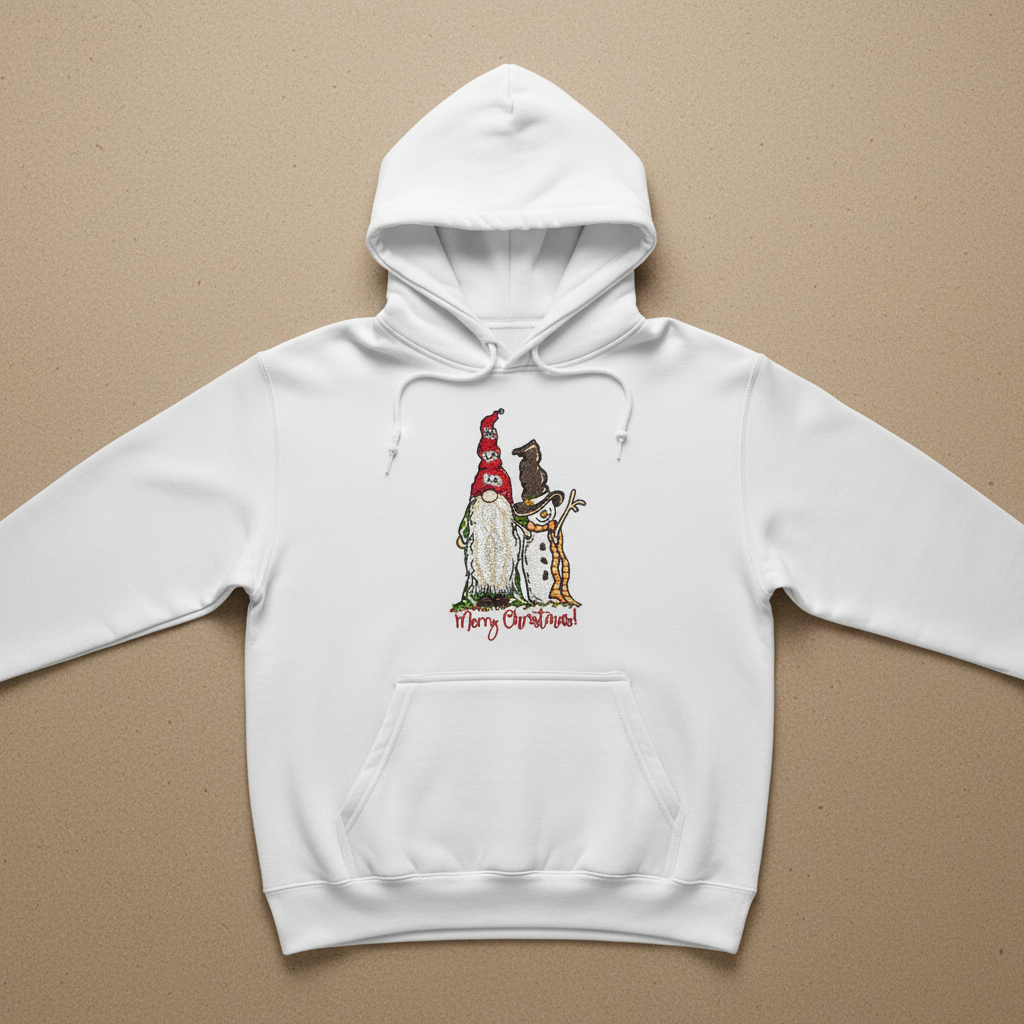 Gnome &amp; Snowman Merry Christmas Machine Embroidered Sweatshirt – Hand Finished in Dubai | EmbroMania