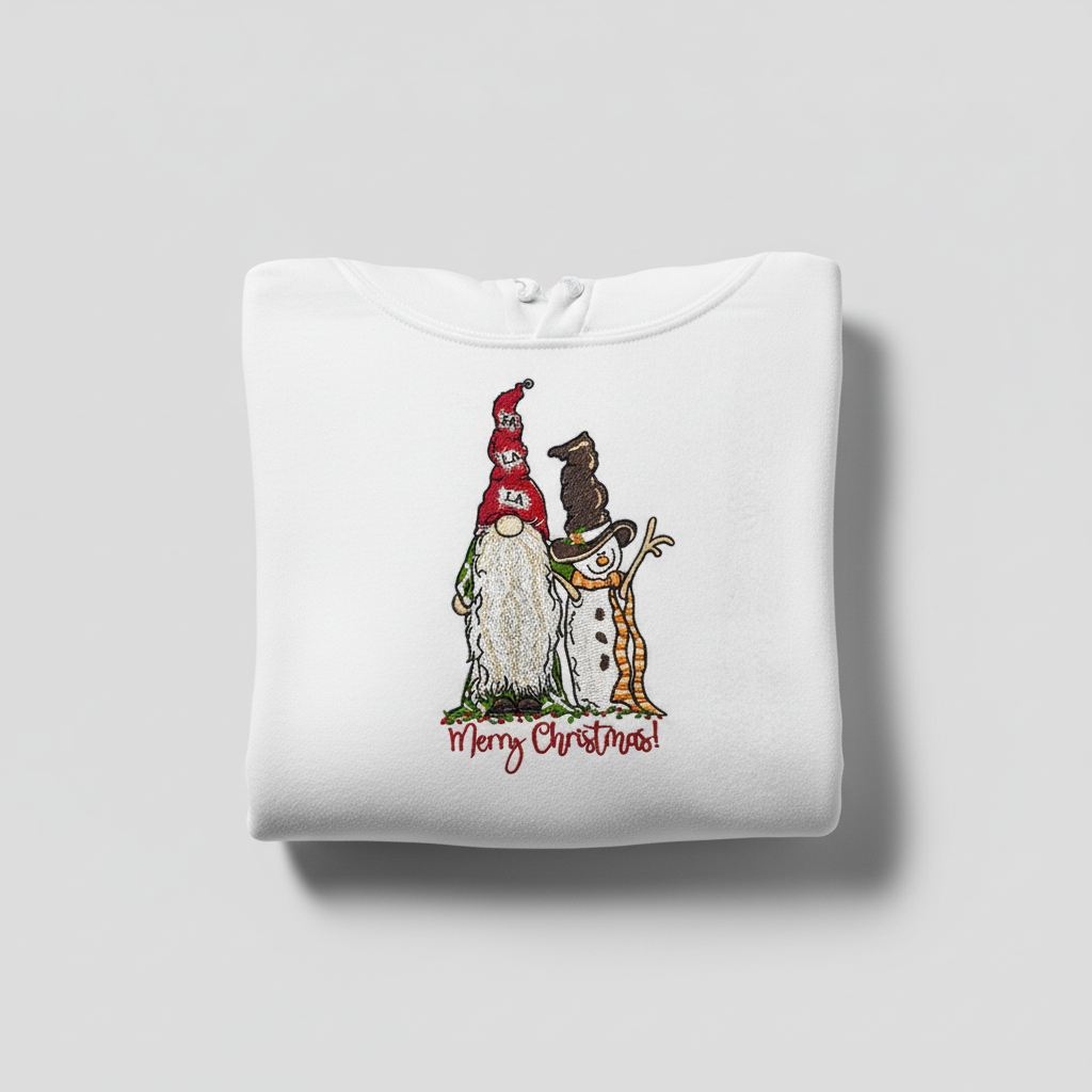 Gnome &amp; Snowman Merry Christmas Machine Embroidered Sweatshirt – Hand Finished in Dubai | EmbroMania