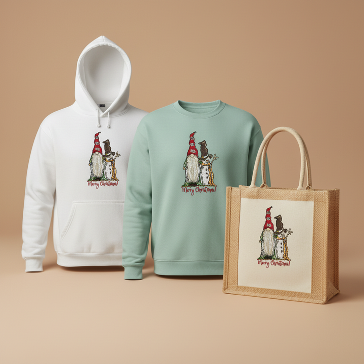 Gnome &amp; Snowman Merry Christmas Machine Embroidered Sweatshirt – Hand Finished in Dubai | EmbroMania