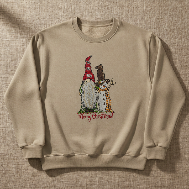 Gnome &amp; Snowman Merry Christmas Machine Embroidered Sweatshirt – Hand Finished in Dubai | EmbroMania