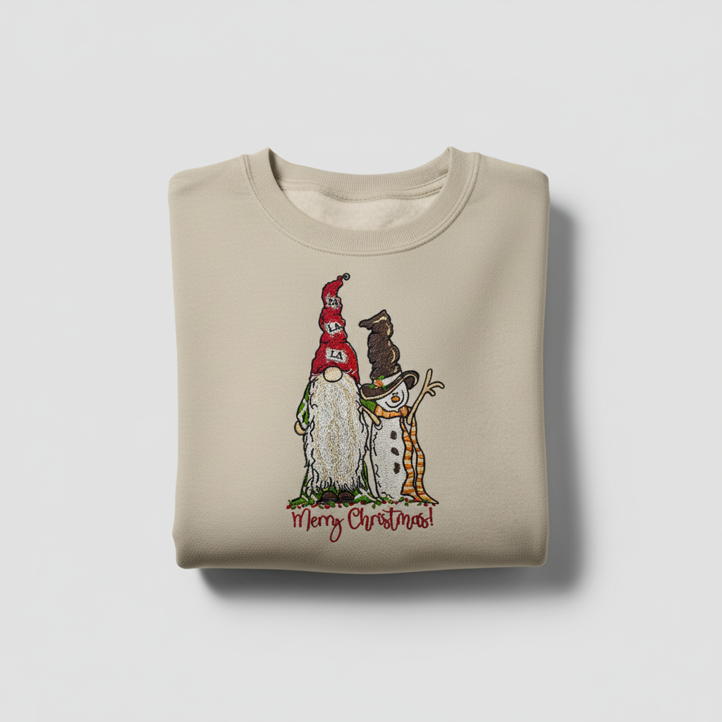 Gnome &amp; Snowman Merry Christmas Machine Embroidered Sweatshirt – Hand Finished in Dubai | EmbroMania