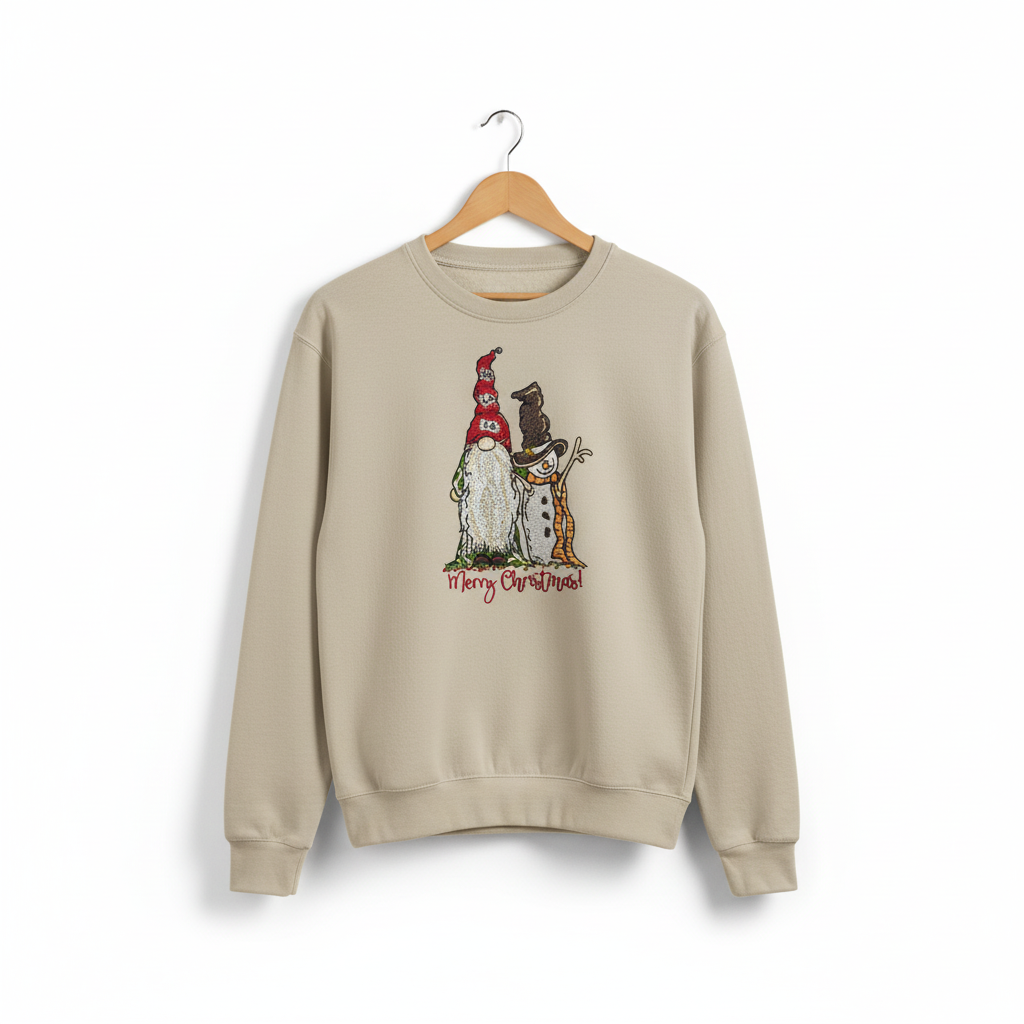 Gnome &amp; Snowman Merry Christmas Machine Embroidered Sweatshirt – Hand Finished in Dubai | EmbroMania