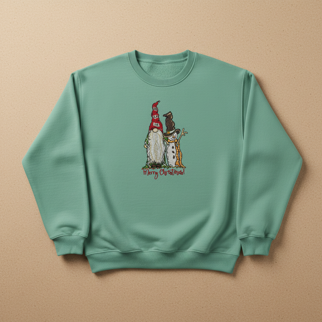 Gnome &amp; Snowman Merry Christmas Machine Embroidered Sweatshirt – Hand Finished in Dubai | EmbroMania
