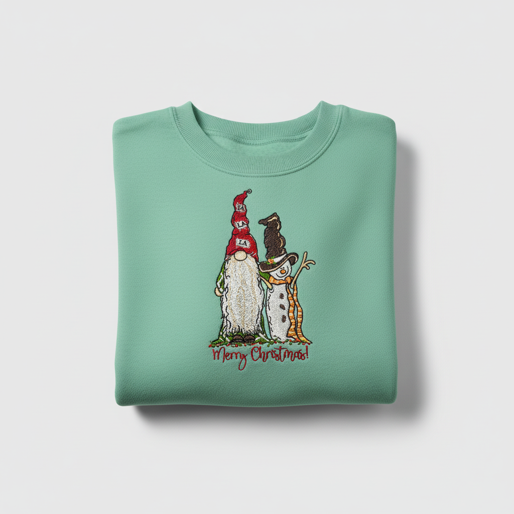 Gnome &amp; Snowman Merry Christmas Machine Embroidered Sweatshirt – Hand Finished in Dubai | EmbroMania
