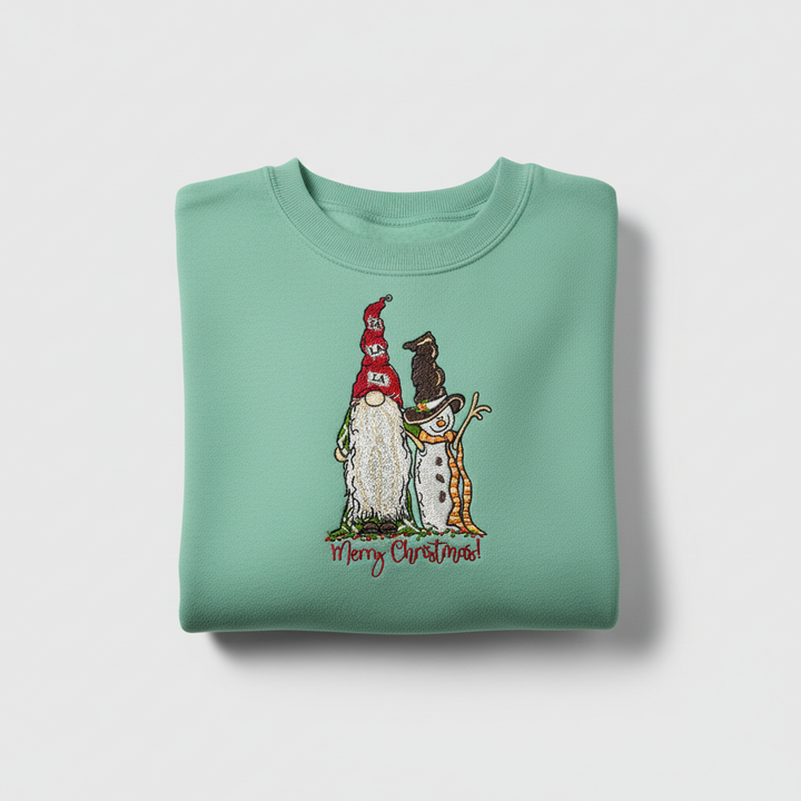 Gnome &amp; Snowman Merry Christmas Machine Embroidered Sweatshirt – Hand Finished in Dubai | EmbroMania