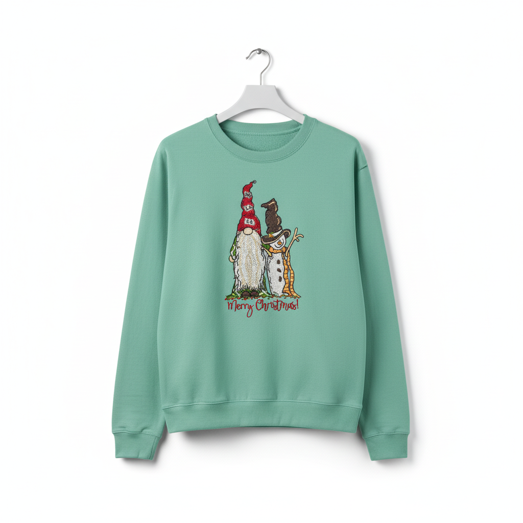 Gnome &amp; Snowman Merry Christmas Machine Embroidered Sweatshirt – Hand Finished in Dubai | EmbroMania