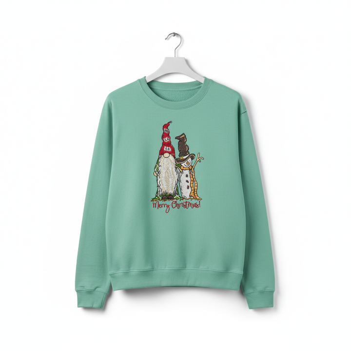 Gnome &amp; Snowman Merry Christmas Machine Embroidered Sweatshirt – Hand Finished in Dubai | EmbroMania