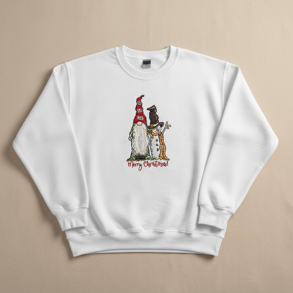 Gnome &amp; Snowman Merry Christmas Machine Embroidered Sweatshirt – Hand Finished in Dubai | EmbroMania